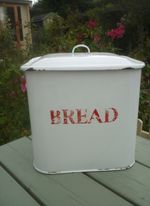 Vintage WHITE ENAMEL BRAD BIN with RED LETTERING