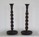 Pair of Vintage Barley Twist Oak Candlesticks 34cm coll/antiq/wood/candlesticks/