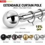 Extendable Metal Curtain Pole Chrome 28mm With Finials Rings Hooks Rod Fittings
