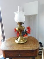 Elegant Brass Oil Lamp with Opaque Glass Decorated Shade & Chimney + Brass Stand