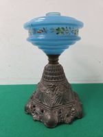 Vintage Hand Painted Blue Glass Oil Lamp Font Reservoir & Cast Iron Base