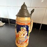 Ceramic Beer Stein with Hinged Metal Lid German Blue Relief Scene