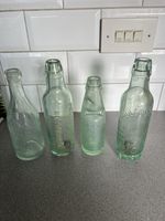 Antique Aqua Blue Glass Soda Bottles. Embossed Design. Code Neck