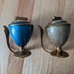 Pair Vintage Metal Table Cigarette Lighters Handles Blue & Grey Crackle Goblet