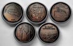Set of 5 Antique Bronze Commemorative Coins & Capsules. TITANIC, SPITFIRE, D-DAY