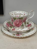 Royal Albert Flower of the month trio, November, cup, saucer, plate