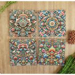 Set of 4 Colourful Victorian Tile Design Ceramic Coasters – Glossy & Cork Backed