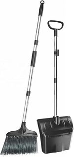 Long Handled Dustpan and Brush Set, Heavy Duty Upright Dust Pan and Broom Combo-
