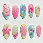 24PCS Summer Almond Press On Nails 3D Flower Beach False Nail Tips Full Cover