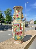 ANTIQUE CHINESE FAMILLE ROSE HEXAGONAL VASE FIGURAL BIRD BUTTERFLY COURT SCENES