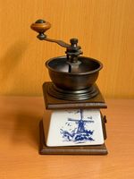 Vintage Wood And Porcelain Delft Style Manual Coffee Grinder