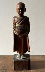Vintage Wooden Buddhist Monk Statue Alms Bowl Hand Carved Burma Thai Figure