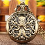 Retro Bronze Octopus Quartz Pocket Watch with Necklace Chain for Men