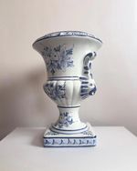 French Faience Vase  Blue & White Handpainted Urn with Lion Mask Handles