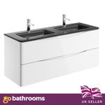 1200mm Wall Hung Vanity Unit Gloss White Double Sink Grey Glass Basin Cabinet