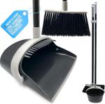 Long Handled Dustpan and Brush Set with Built-In Teeth Comb - Indoor Broom and