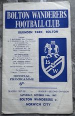 Bolton Wanderers v Norwich City Programme Burnden Park 14 Oct 67 Bagged & Board