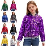 UK Girls Sequin Jacket Long Sleeve Zip Up Bomber Jacket Glitter Disco Dance Top