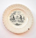 ANTIQUE English creamware plate depicting military 'AWKWARD SQUAD' early 19th C