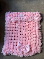 New Handmade Pram Pompom Blanket In Pink.
