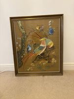 Large Signed Silk Embroidery F. Stewart 1971. Hand Embroidery Birds & Flowers
