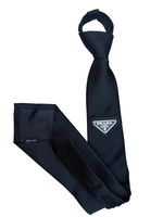 PRADA Black Men's Pretied Skinny Tie Solid Woven Silk with Logo Plaque