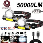 2x Super Bright Waterproof LED Head Torch Headlamp USB Rechargeable Headlamp UK