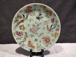Antique Chinese Qing Celadon Plate Hand Painted Birds Butterflies