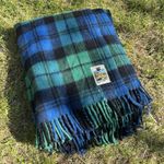 Vintage Scottish Tartan Picnic Blanket Green Navy Plaid Check Throw Rug 70"x58"