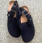 Women’s Black Suede Ankle Strap Sandals UK 4 Flat Cork Sole Buckle