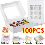 100PCS Windowed Cupcake Boxes for 4/6/12 Cup Cakes White with Removable Tray*Box