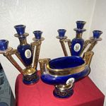 Vintage C.A.L Ceramic Cameo Candelabra Set Blue/Gold Italy Art Pottery MPN 289