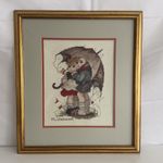 Original Framed Art Work of Boy & Girl Under An Umbrella Signed by Artist