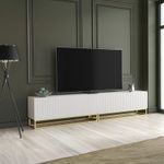 TV Unit I 200cm Wide Cabinet I White Fluted Doors I Gold Base I Modern