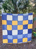 Vintage Handmade Patchwork Tied Quilt - Denim & Yellow - 54 x 74 Twin Cotton