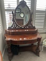 Victorian Antique Dark Wood Dressing Table Vanity, Oval Mirror, 2 Drawers