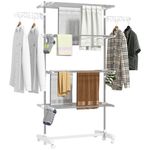 4 Tier Folding Clothes Rail Hanger Stand with Wheels Mobile Storage Rack White