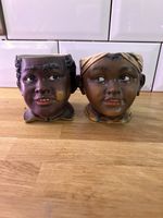 Pair Antique Figural Head Tobacco Jars Humidor Pots No Lids