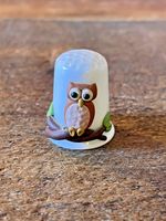 Ceramic Owl Thimble White Brown Bird Collectable Sewing Gift Ornament