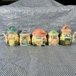 Vintage 1970s Fairy Mushroom Ceramic Spice Set Hand Painted Cottagecore Wooden
