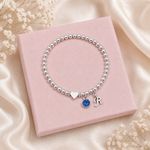 Personalised Initial Birthstone Heart Bracelet Silver Bead Stretch Birthday Gift