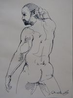Drawing ink male nude Pen & Ink Continuous Line  turning  pose
