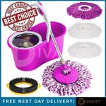 PURPLE MOP BUCKET SET MICROFIBER WITH 4 MOP HEADS SPACE SAVING 360 FLOOR SPIN 