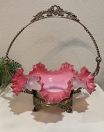 Antique Victorian Brides Basket Pink Ruffled Art Glass Bowl Silver Swing Handle