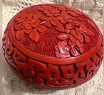 Vtg.  1950's Chinese Hand Carved Round Cinnabar Box 6". ... Rare