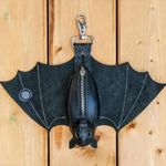 Leather Bat Coin Purse Handmade Gothic Bat Zippered Coin Holder with Wings