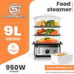 SUPERLEX 3-Tier Food Steamer 9L Electric Vegetable Steamer Healthy Multi-cooker