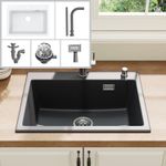 HOROW Granite Composite Kitchen Sink 60x45cm With Waste Kit  Black/White