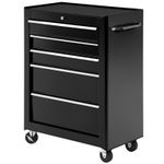 HOMCOM 5-Drawer Lockable Steel Tool Storage Cabinet Wheels Handle 2 Keys Black