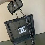 CHANELVIP GIFT Beauty Mesh Tote Bag Beach Pouch Bag Case Storage Black gold
